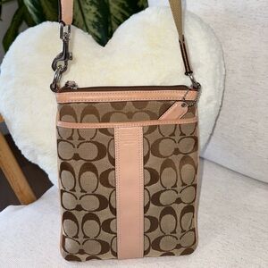 Coach Signature Jacquard Canvas Tan Brown Stripe Swingpack Crossbody Purse Bag